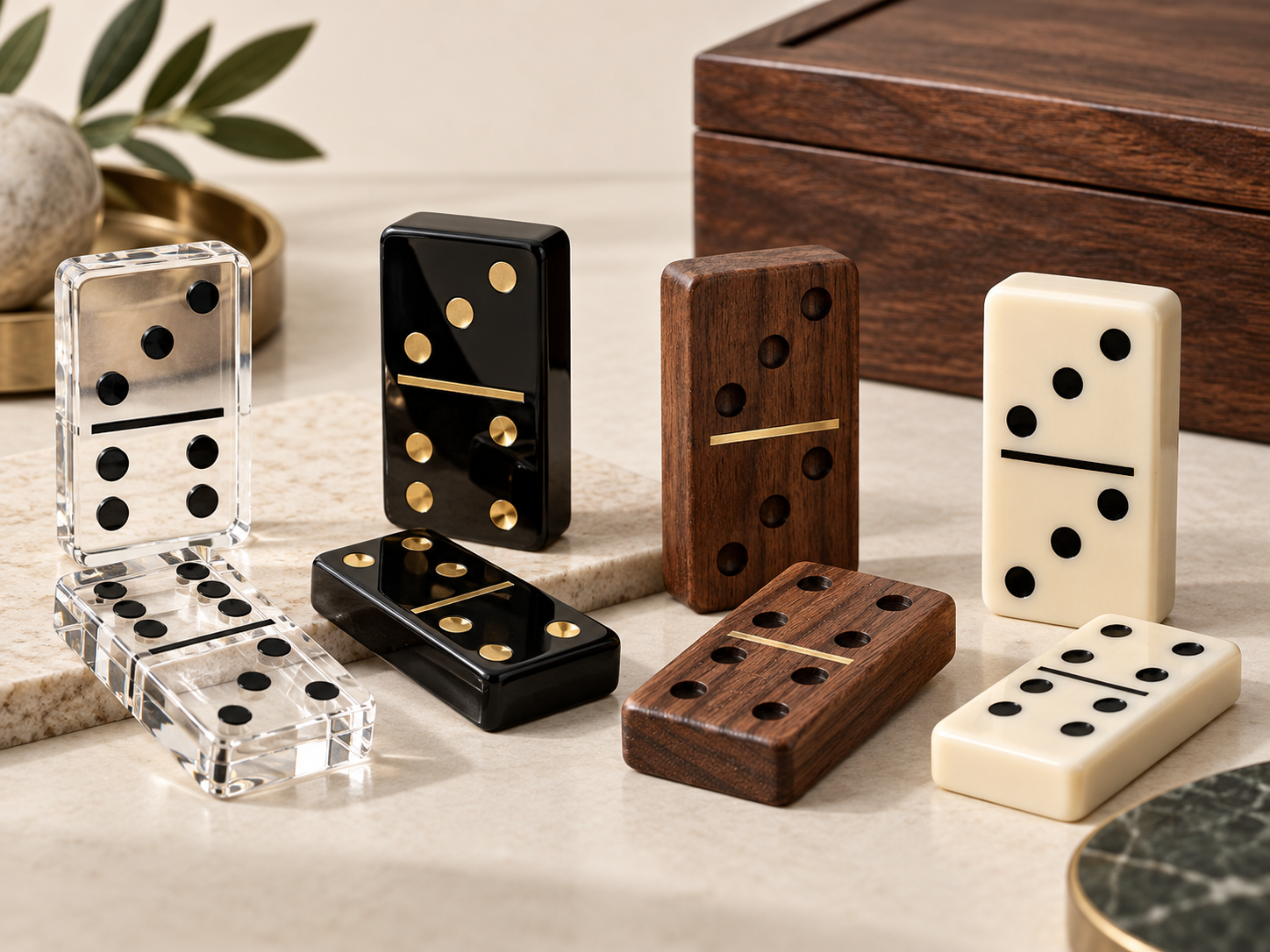 Custom domino tile materials in clear acrylic polished resin walnut wood and ivory composite