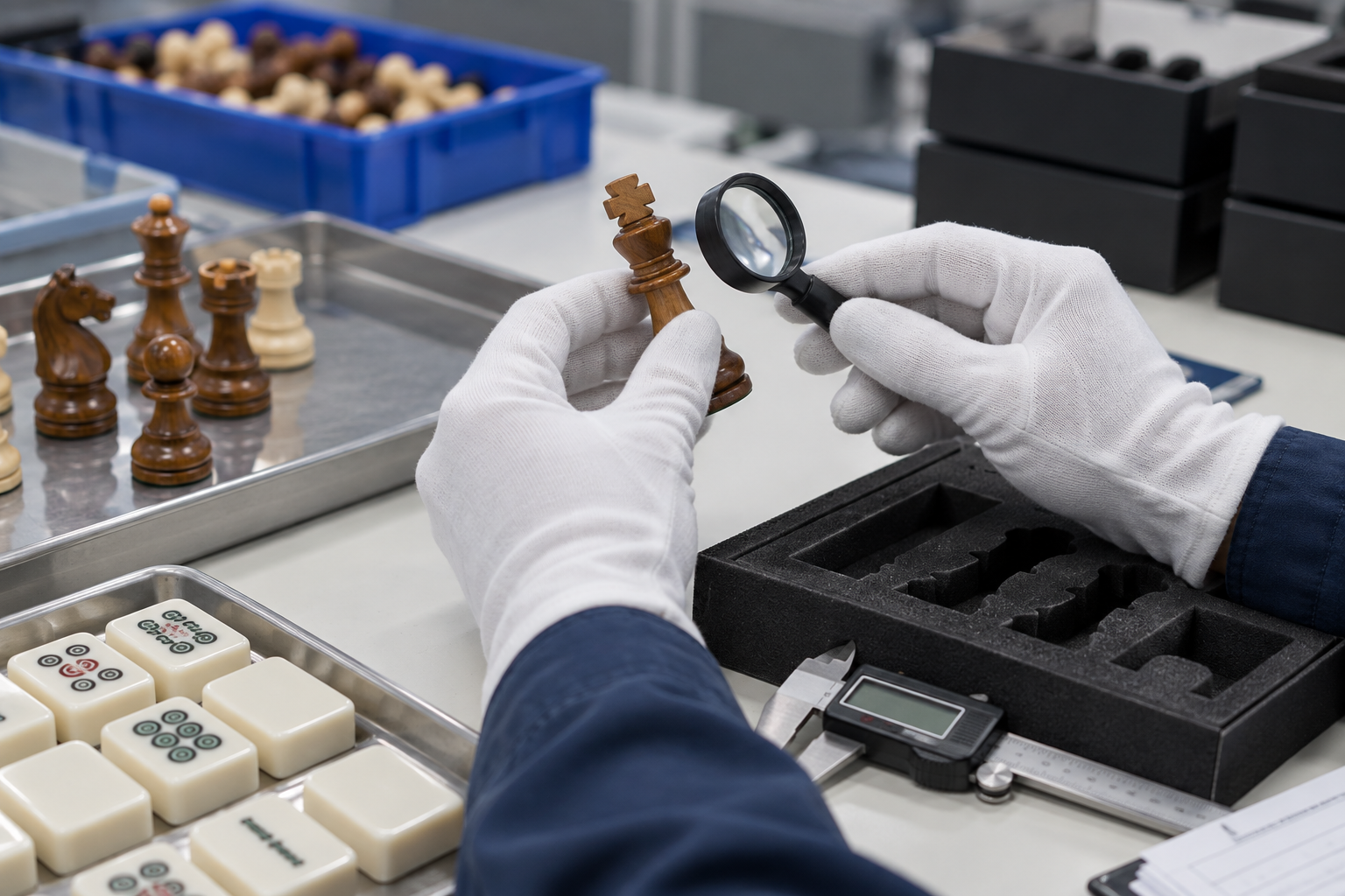 Quality inspector examining a chess piece and mahjong components before shipment