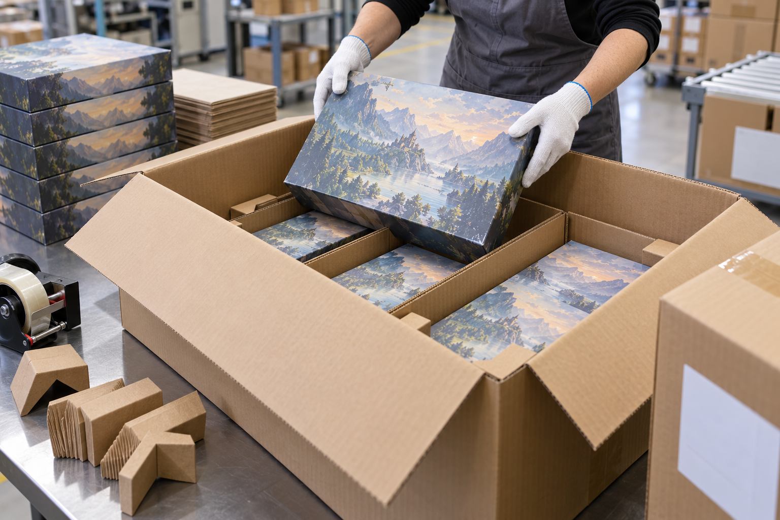 Custom game boxes packed into a protective export carton
