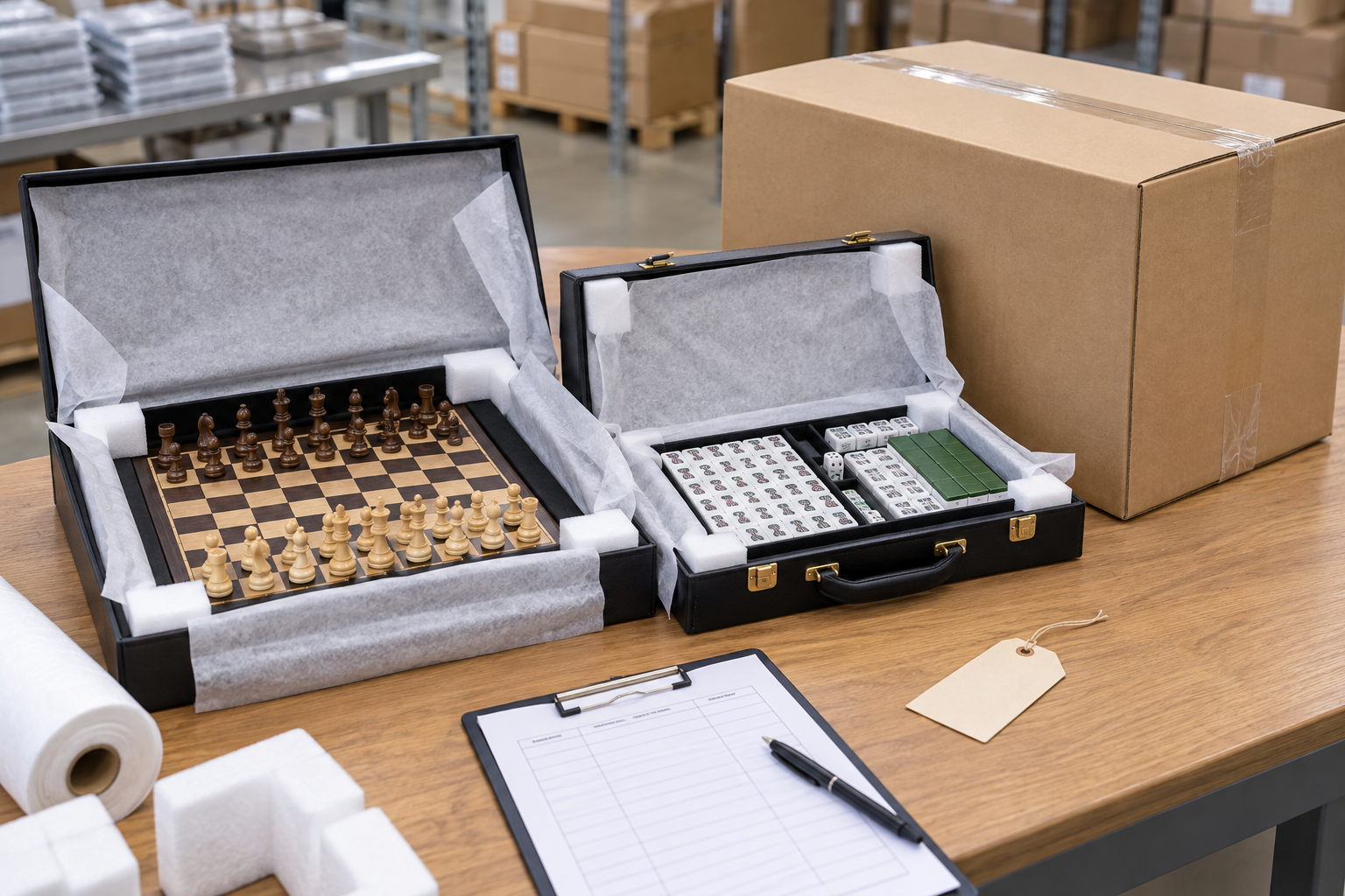 Final pack-out inspection of protected custom chess and mahjong sets