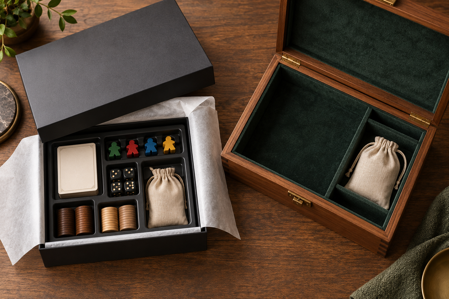 Rigid game box insert and wooden storage case interior for custom game sets