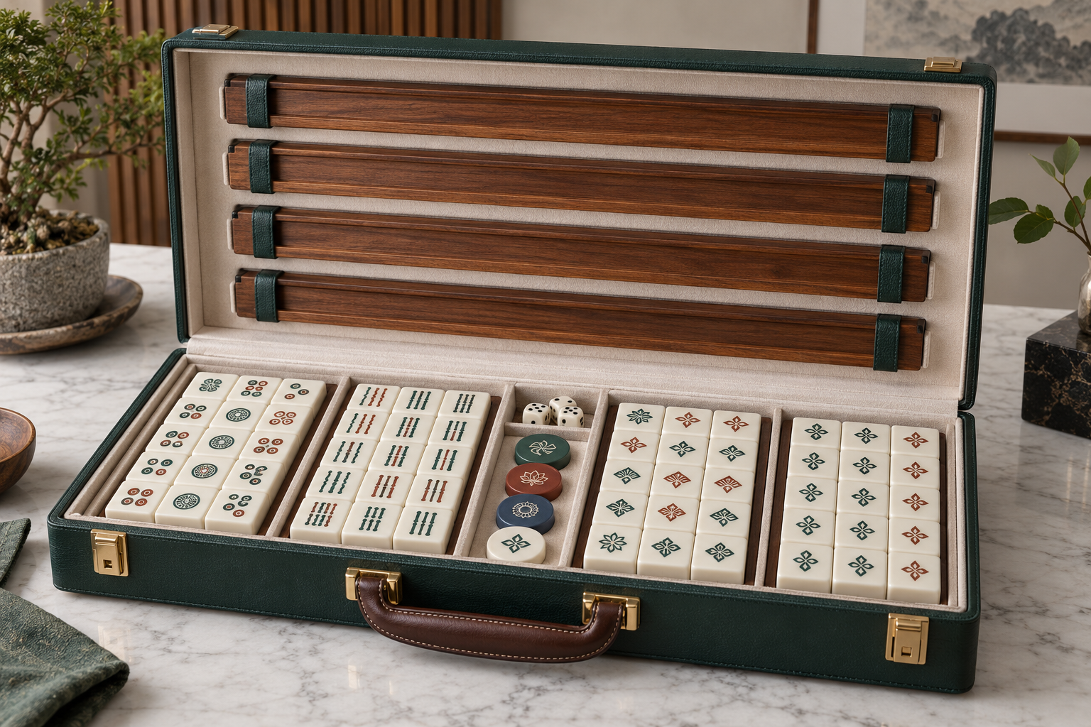Premium custom mahjong case with racks tiles dice and fitted compartments