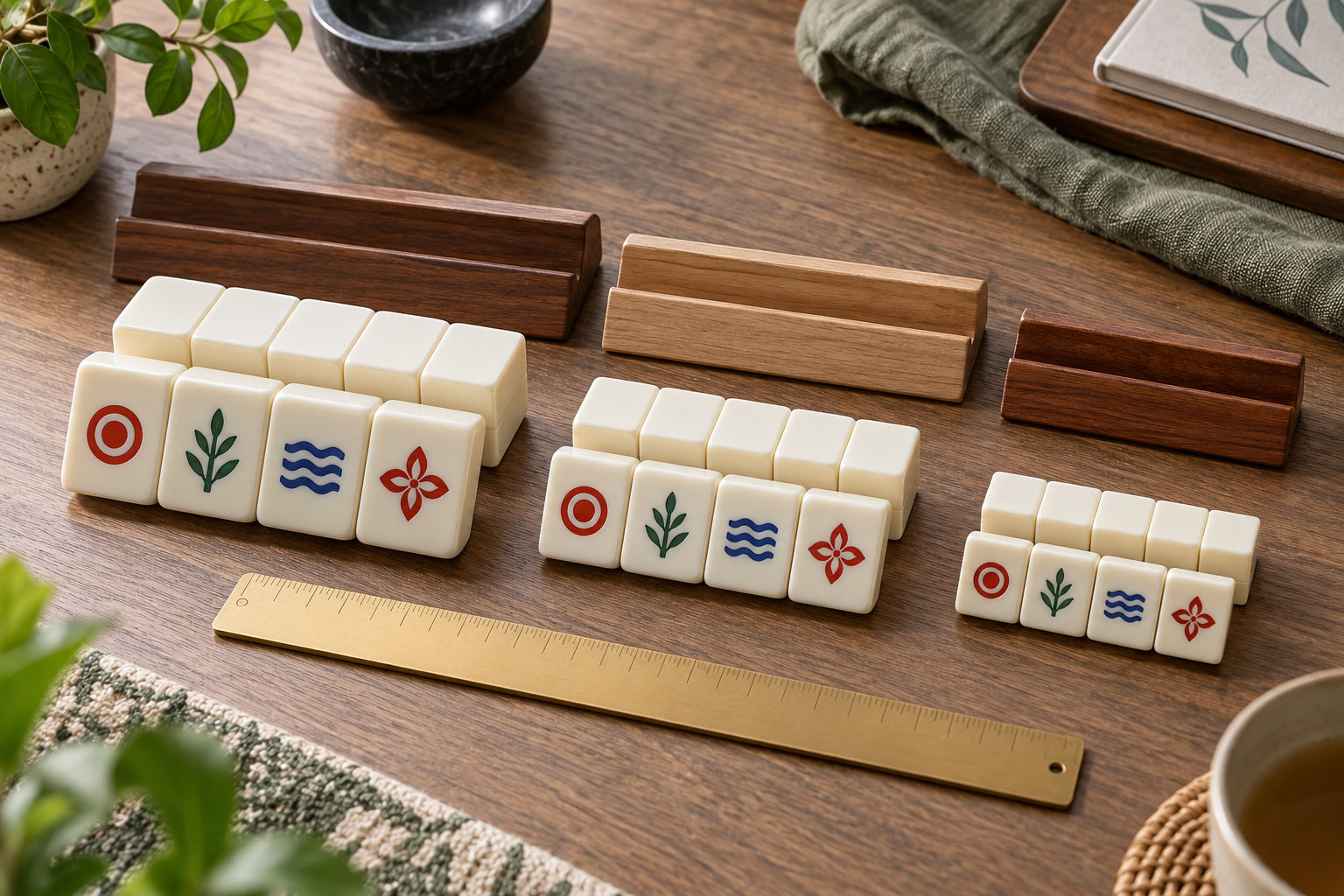 Custom mahjong tiles in different sizes beside matching wooden racks