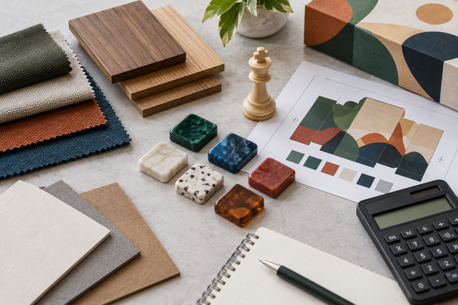 Material swatches and game components used to compare custom game supplier quotations